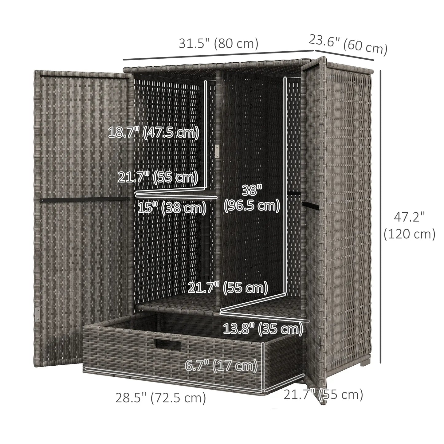 Wicker Outdoor Storage Cabinet, 2-Door Rattan, Dark Grey Patio Storage Boxes at Gallery Canada