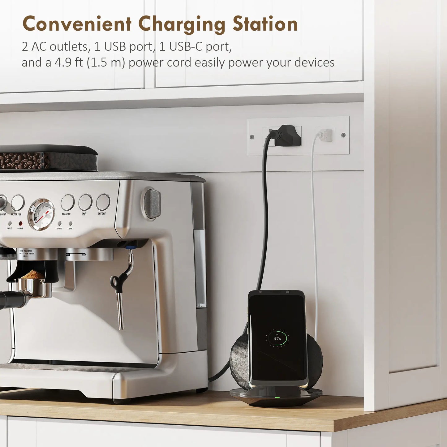 68 Inch Pantry Cabinet with Charging Station, Microwave Stand, Trash Can, White Kitchen Pantry Cabinets at Gallery Canada