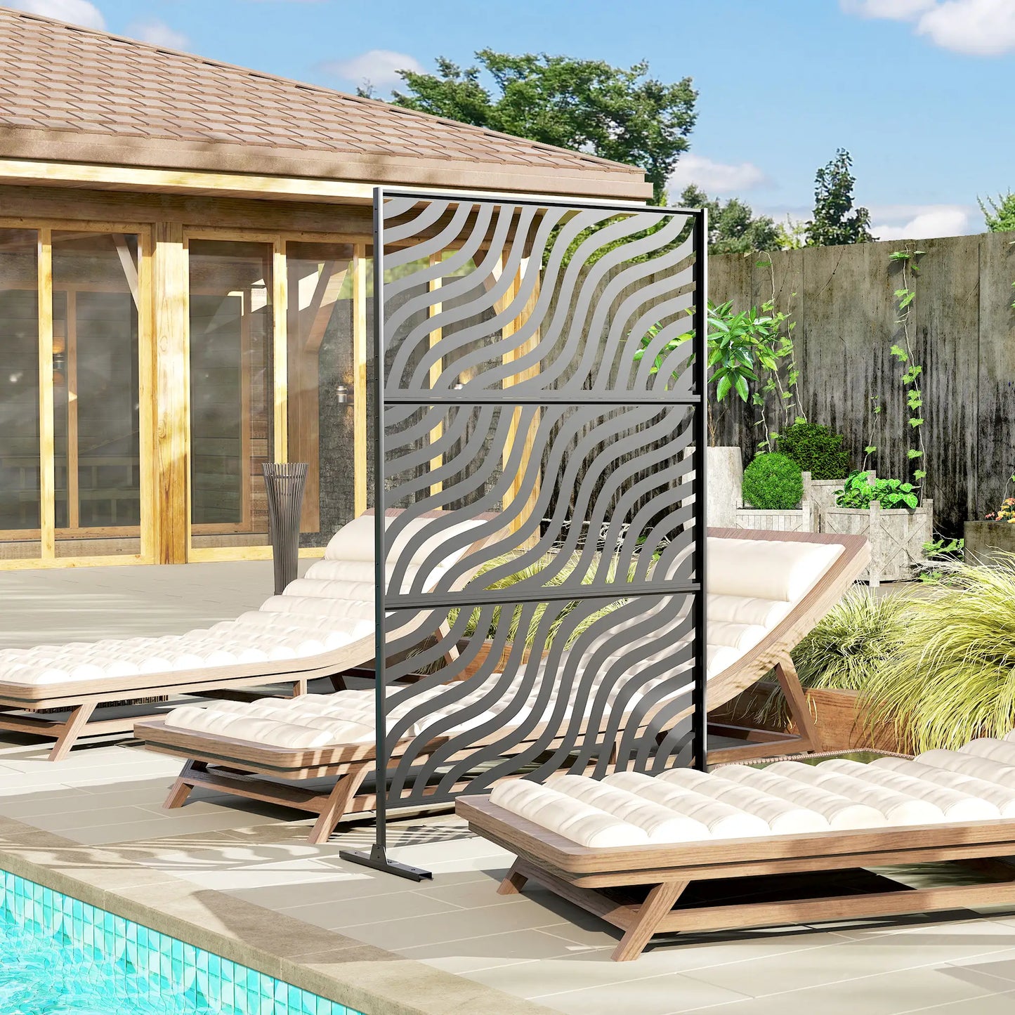 78" X 48" Metal Outdoor Privacy Screen, Freestanding Divider, Black