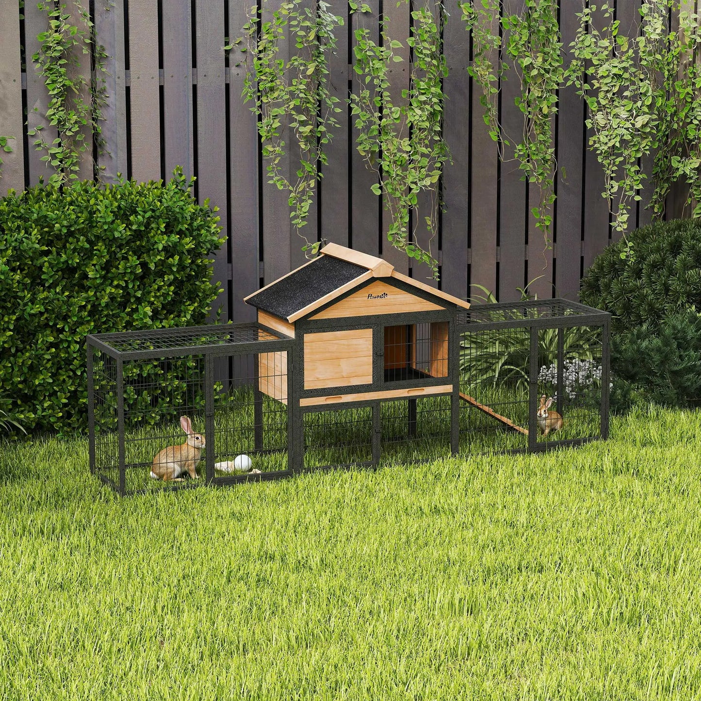 85"L Large Wooden Rabbit Hutch, Outdoor Bunny Cage With Run Box, Yellow Rabbit Hutch at Gallery Canada