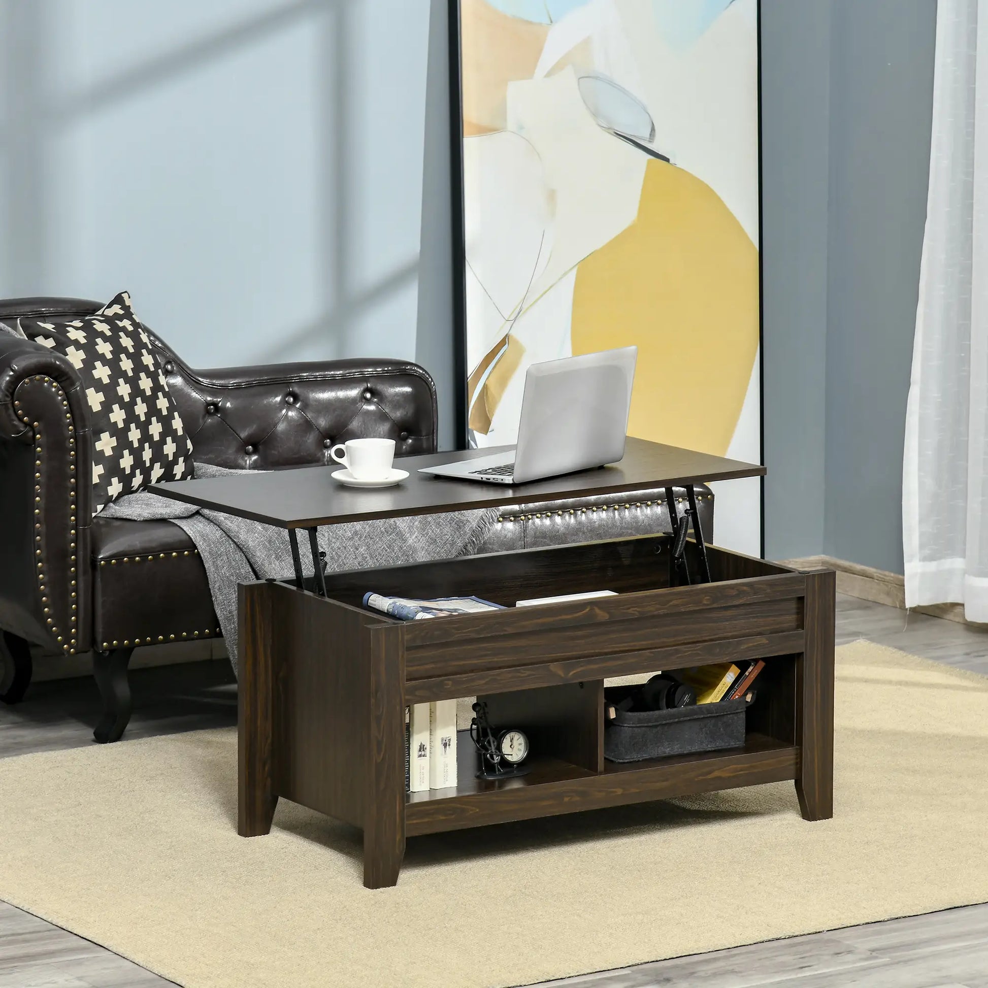 Lift Top Coffee Table, Hidden Storage, Open Shelves, Dark Walnut Coffee Tables at Gallery Canada
