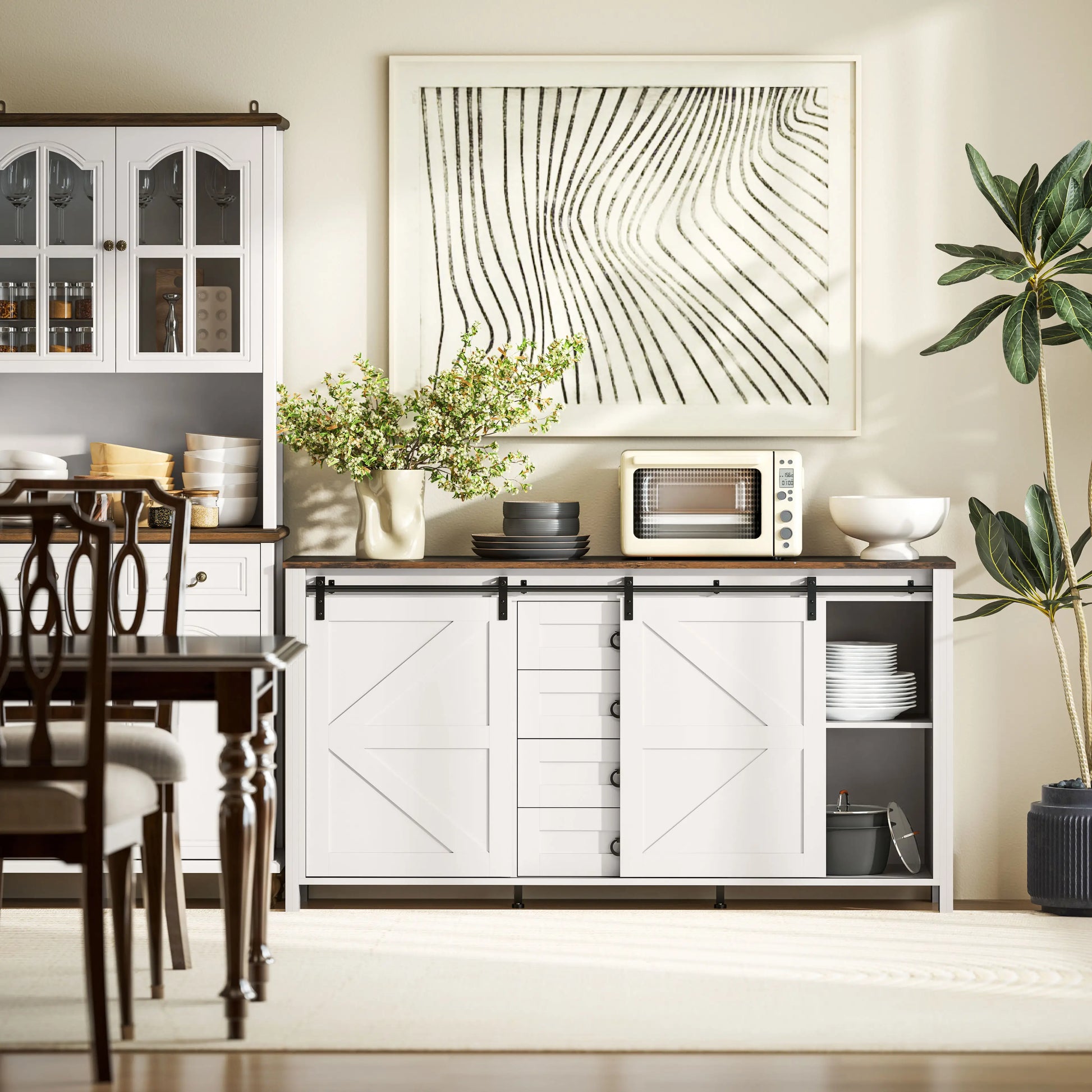 60" Buffet Cabinet, Farmhouse Sideboard, Cream White Bar Cabinets at Gallery Canada