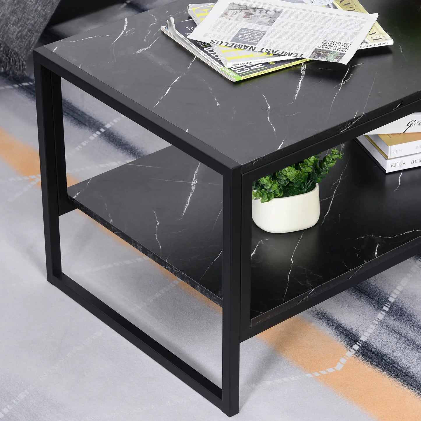 2-Tier Coffee Table with Storage, Marble Textured Top, Black Coffee Tables at Gallery Canada