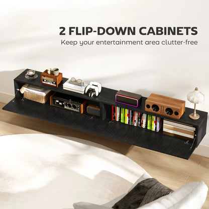 71 Inch Floating TV Stand, Wall Mount Media Console, 2 Fluted Doors, Black TV Stands at Gallery Canada