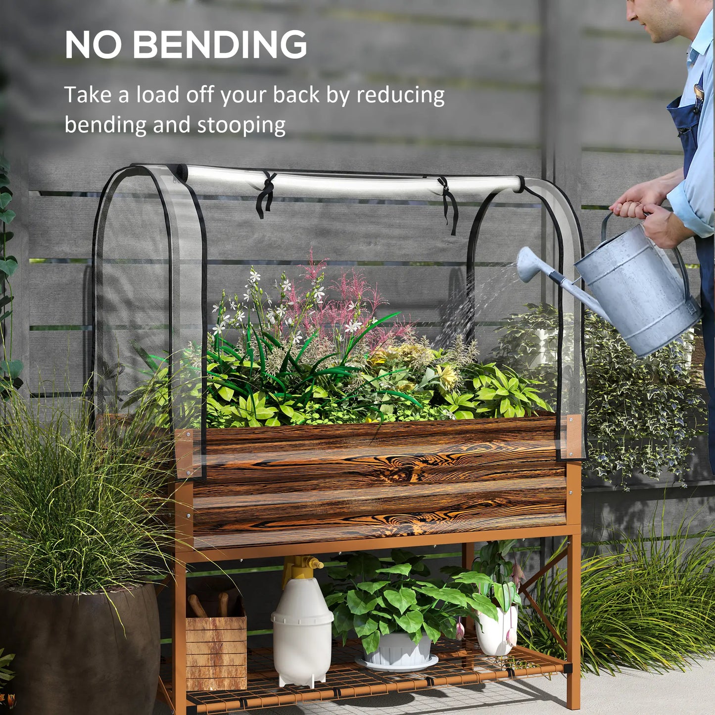 Metal Raised Garden Bed With Cover, 48 Inch, Dark Brown