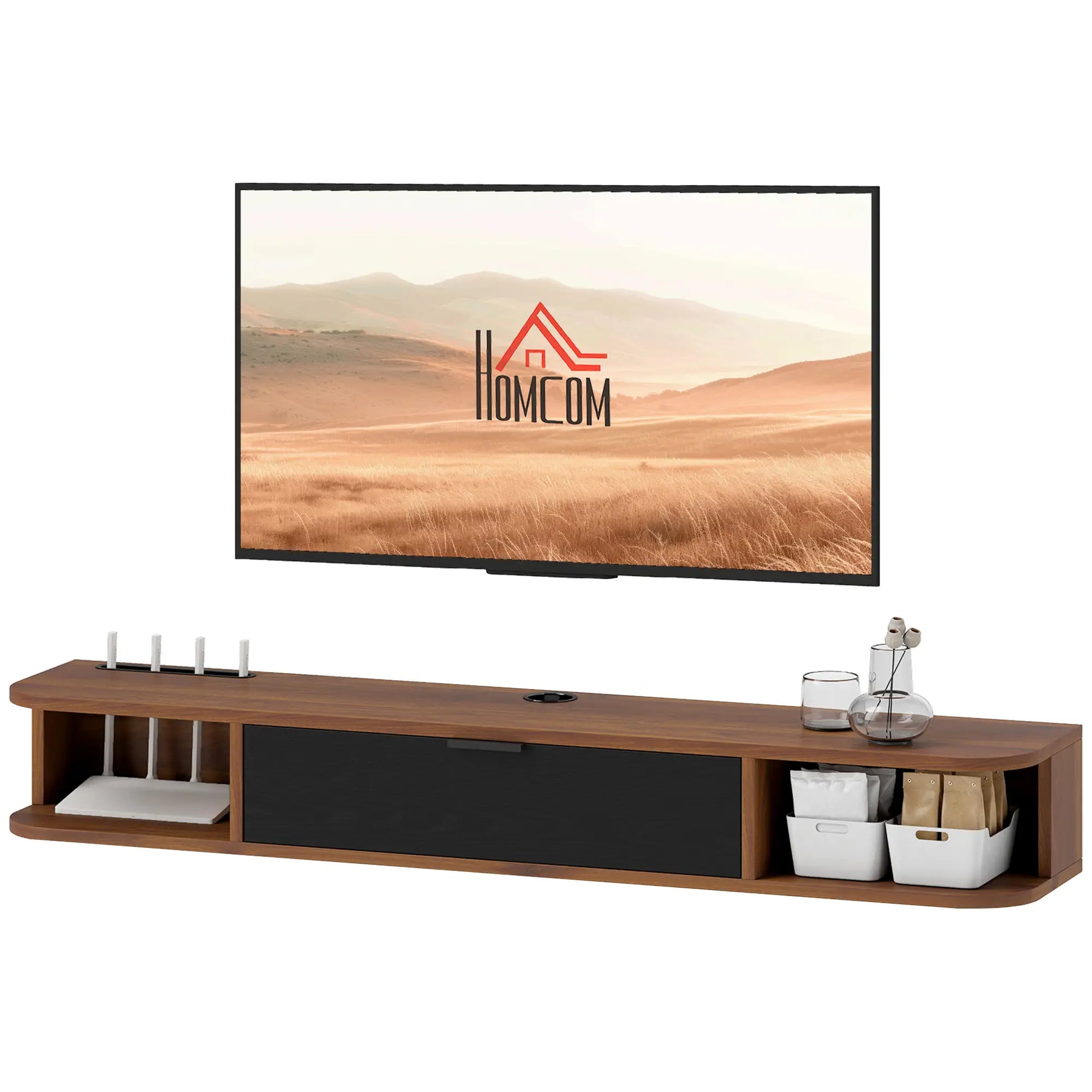 47 Inch Floating TV Stand, Wall Mounted Media Console, Flip Drawer, 2 Open Shelves, Walnut TV Stands Walnut, Black at Gallery Canada