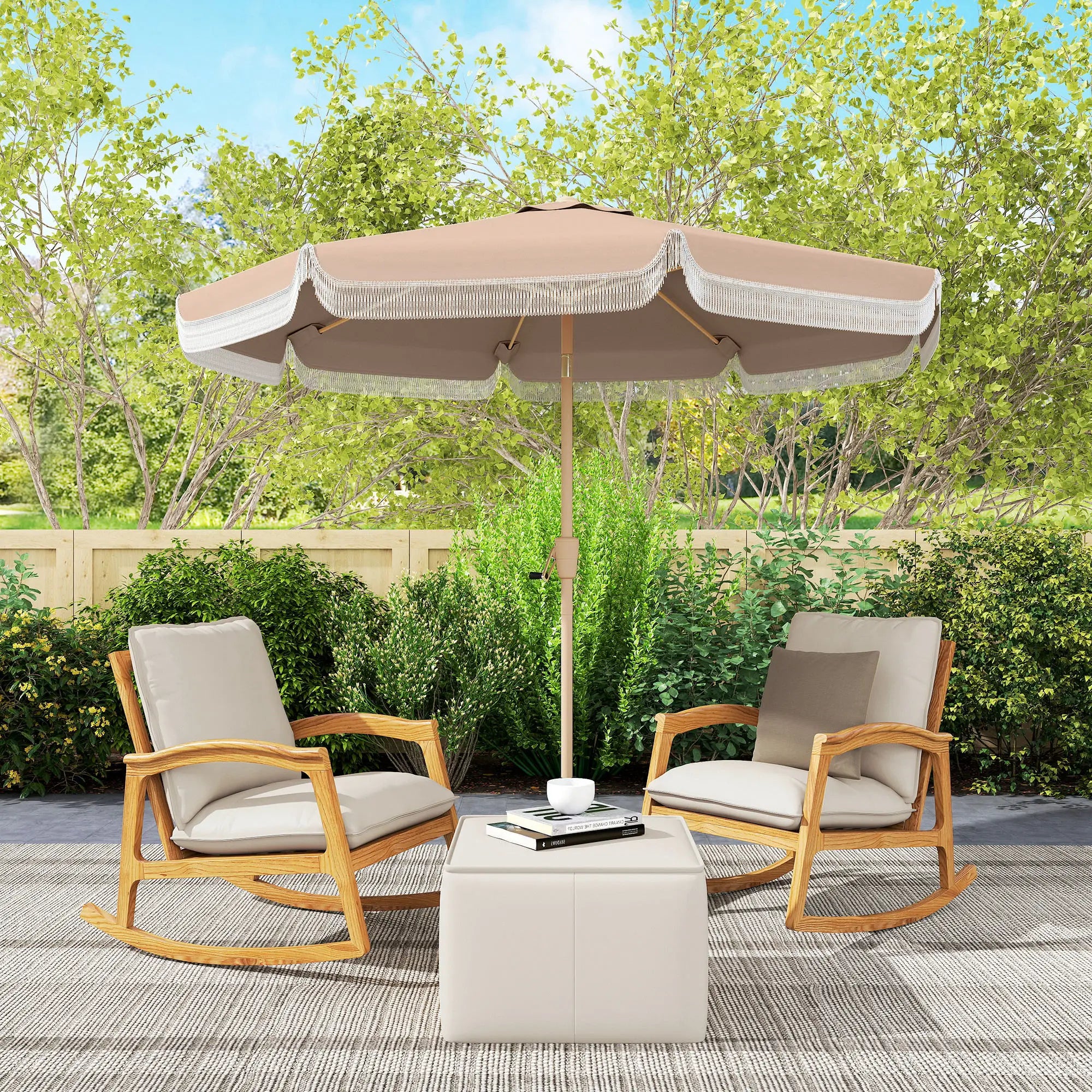 9 ft Patio Umbrella, Push Button Tilt Crank, Fringed Outdoor Market Table, Khaki Sun Umbrellas at Gallery Canada