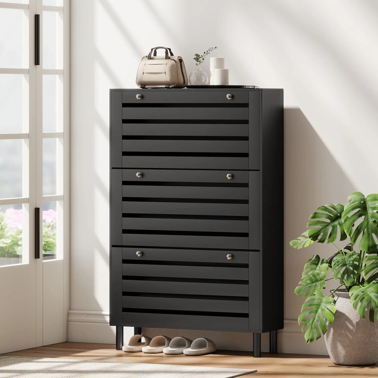 Narrow Shoe Storage Cabinet, 3 Flip Drawers, Adjustable Shelves, 24 Pairs, Black Shoe Storage Cabinets & Racks at Gallery Canada