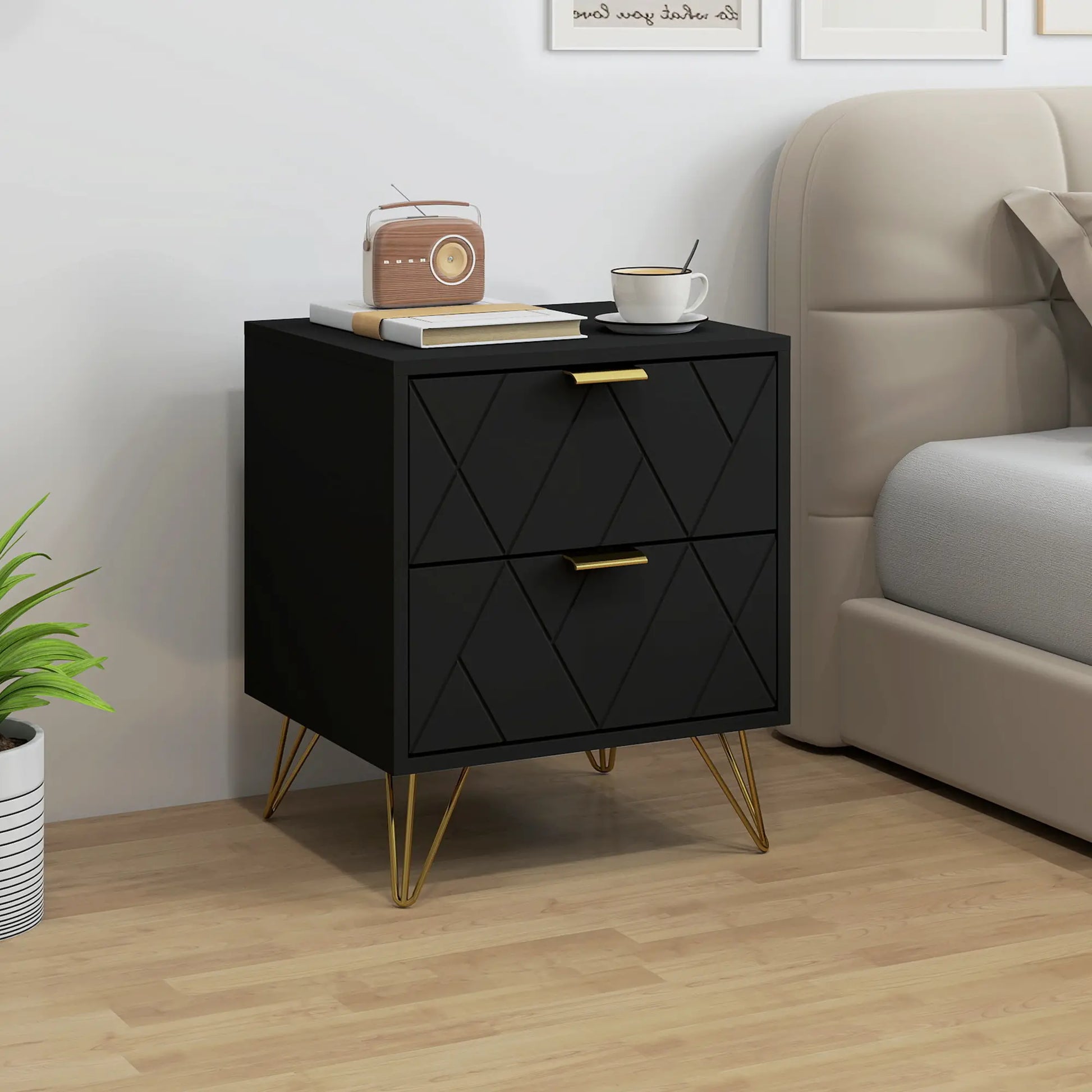 Modern Bedside Table, 2 Drawer Nightstand, Black Bedside Tables at Gallery Canada