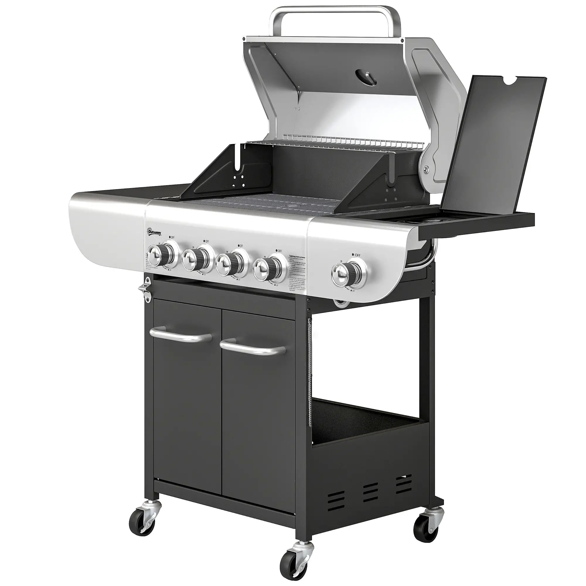 4 Burner Propane Gas Grill, 53,000 BTU, Cast Iron Grates, Wheels, Warming Rack Propane Gas Grills Silver, Black at Gallery Canada