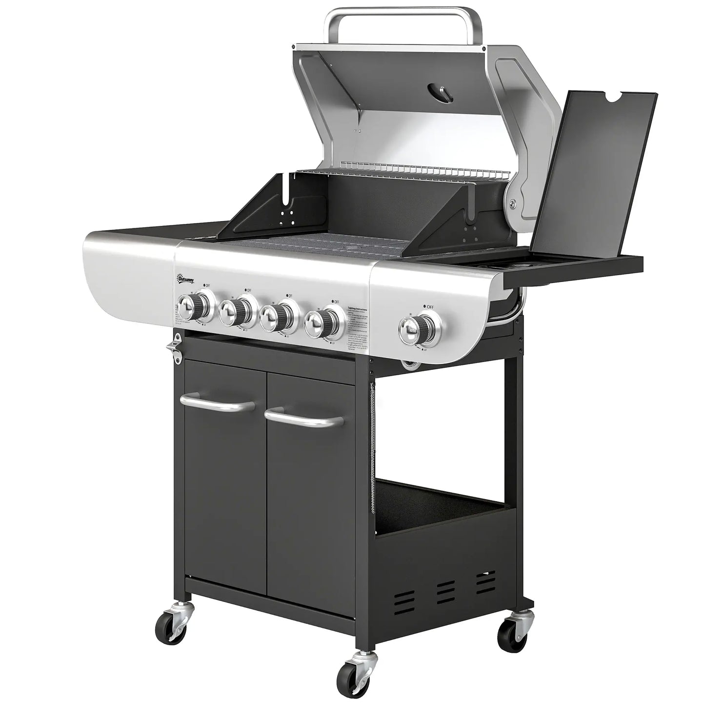 4 Burner Propane Gas Grill, 53,000 BTU, Cast Iron Grates, Wheels, Warming Rack Propane Gas Grills Silver, Black at Gallery Canada