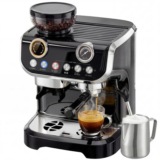 15 Bar Espresso Machine With Grinder & Milk Frother, Stainless Steel, Black Small Kitchen Appliances Black at Gallery Canada
