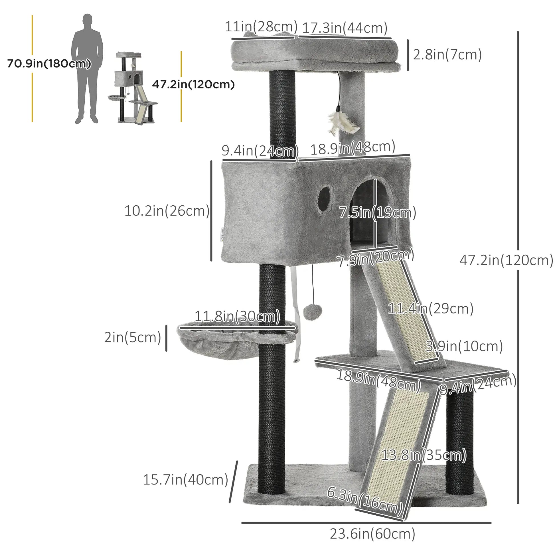 47" Cat Tree, Kitty Activity Center with Scratching Post, Light Grey Cat Towers at Gallery Canada