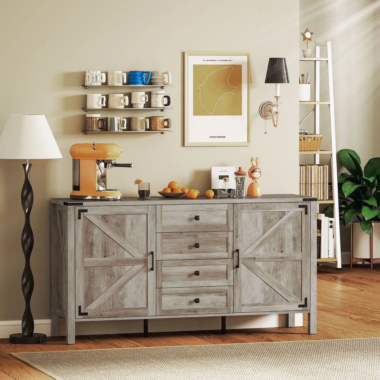 59" Buffet Cabinet, Farmhouse Sideboard, 2 Barn Doors, 4 Drawers, Grey Storage Cabinets at Gallery Canada