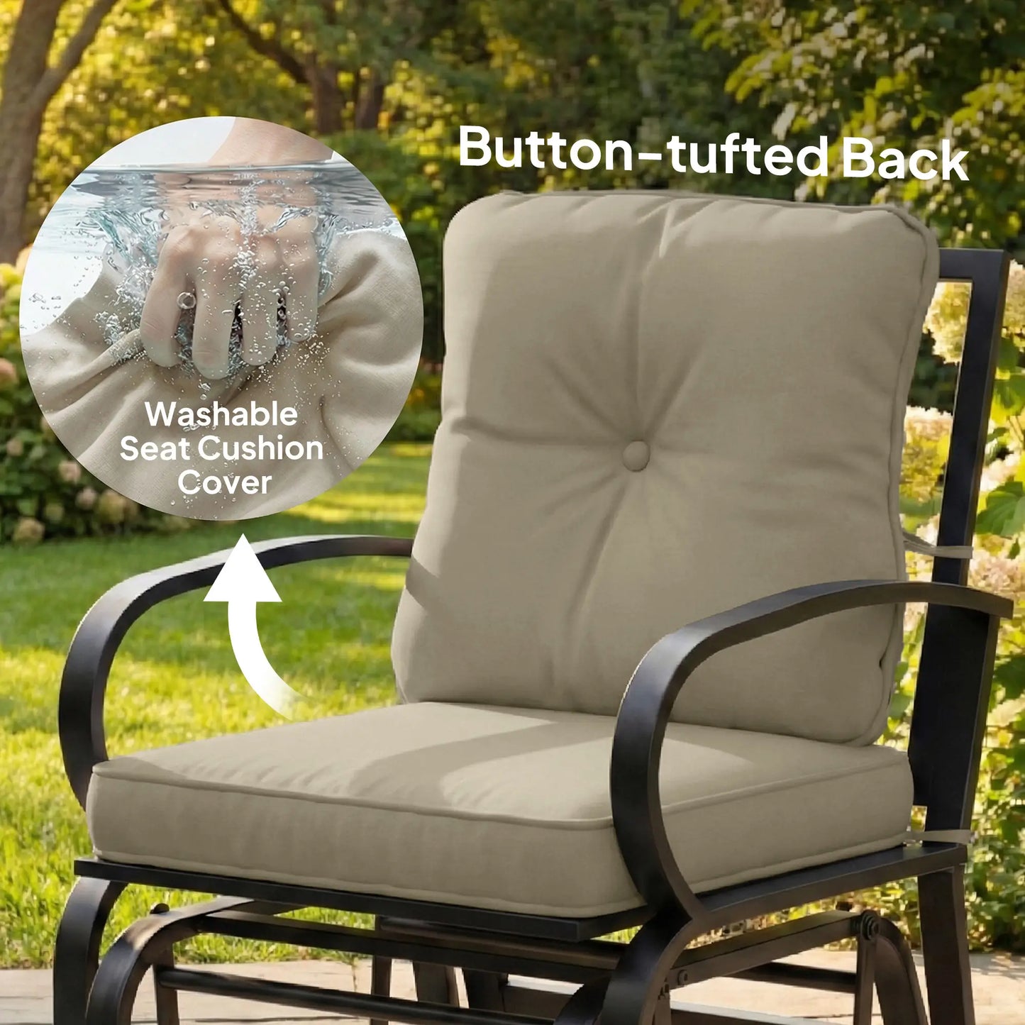 Patio Glider Chair With Cushions, Steel Frame, Curved Armrests, Beige Outdoor Gliders at Gallery Canada