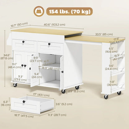 Kitchen Island With Sliding Expandable Top, Rolling Cart, White Kitchen Islands & Kitchen Carts at Gallery Canada