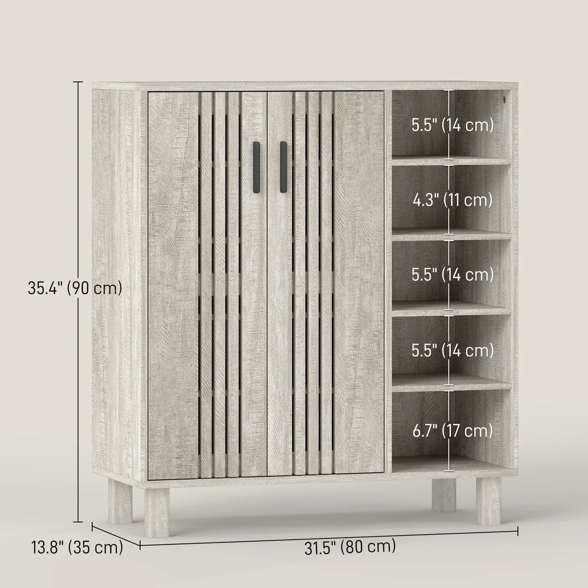 Shoe Storage with Double Doors, Open Shelves, 17 Pair, Light Grey