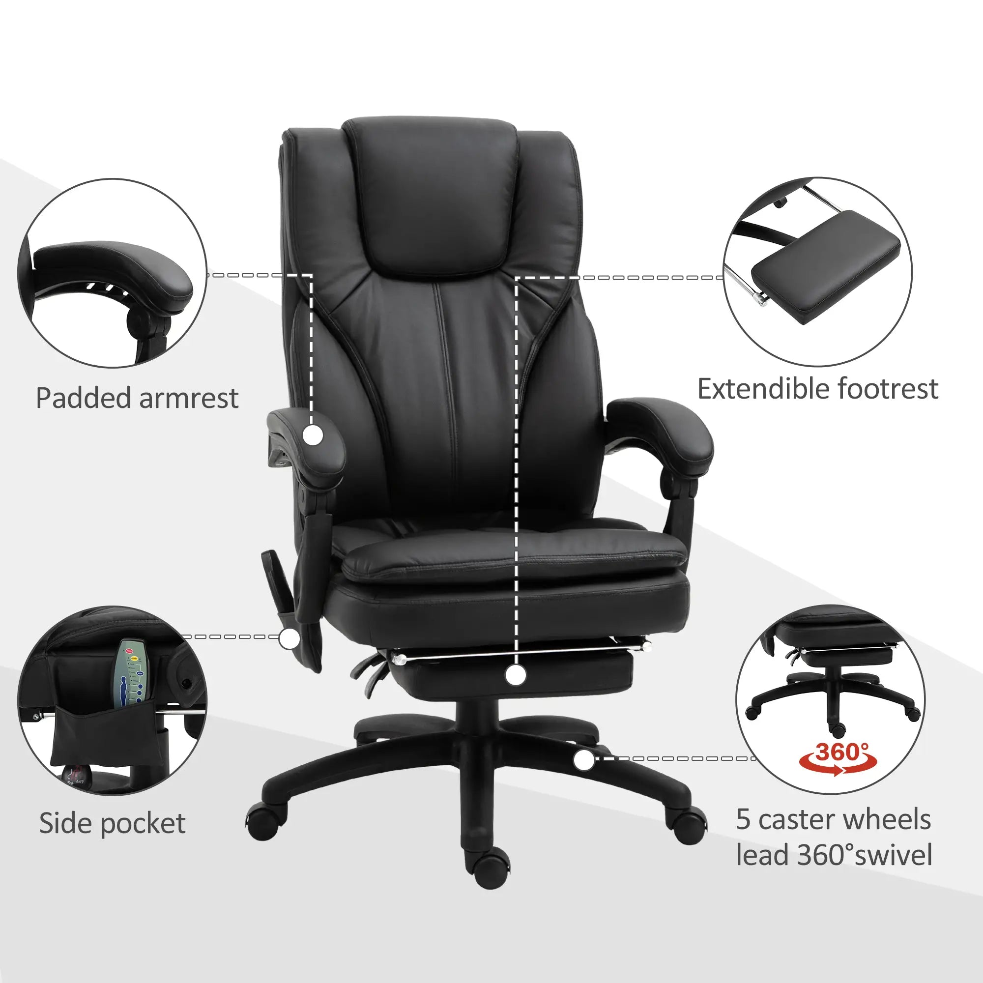 High Back Office Chair, 6-Point Vibration Massage, Reclining, 360° Swivel, Height Adjustable, Retractable Footrest Massage Chairs at Gallery Canada