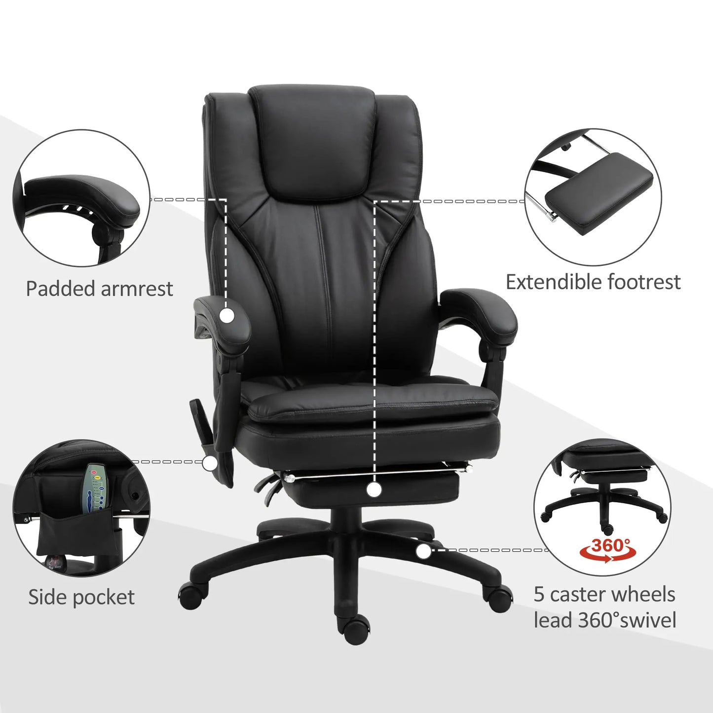 High Back Office Chair, 6-Point Vibration Massage, Reclining, 360° Swivel, Height Adjustable, Retractable Footrest Massage Chairs at Gallery Canada