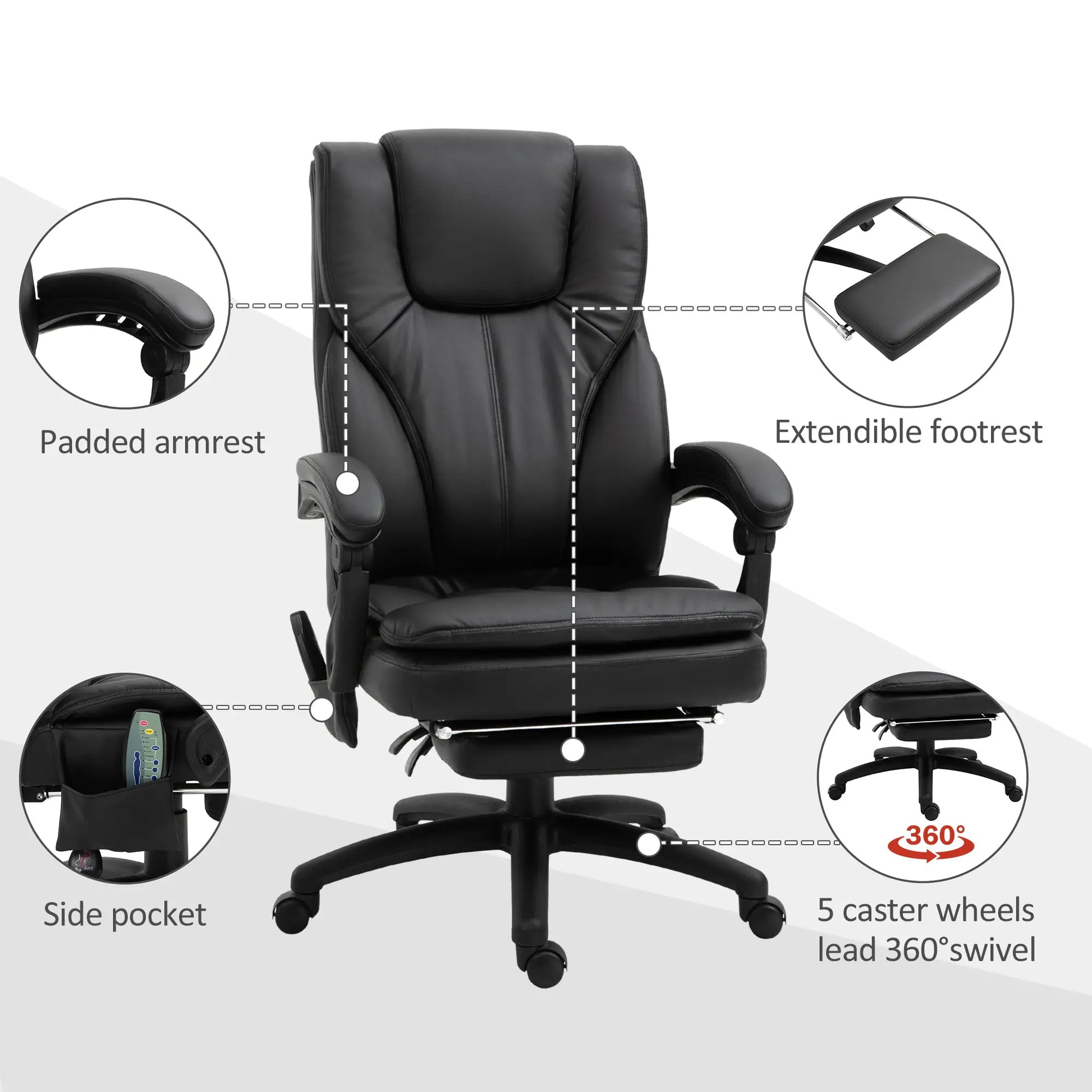 High Back Office Chair, 6-Point Vibration Massage, Reclining, 360° Swivel, Height Adjustable, Retractable Footrest Massage Chairs at Gallery Canada