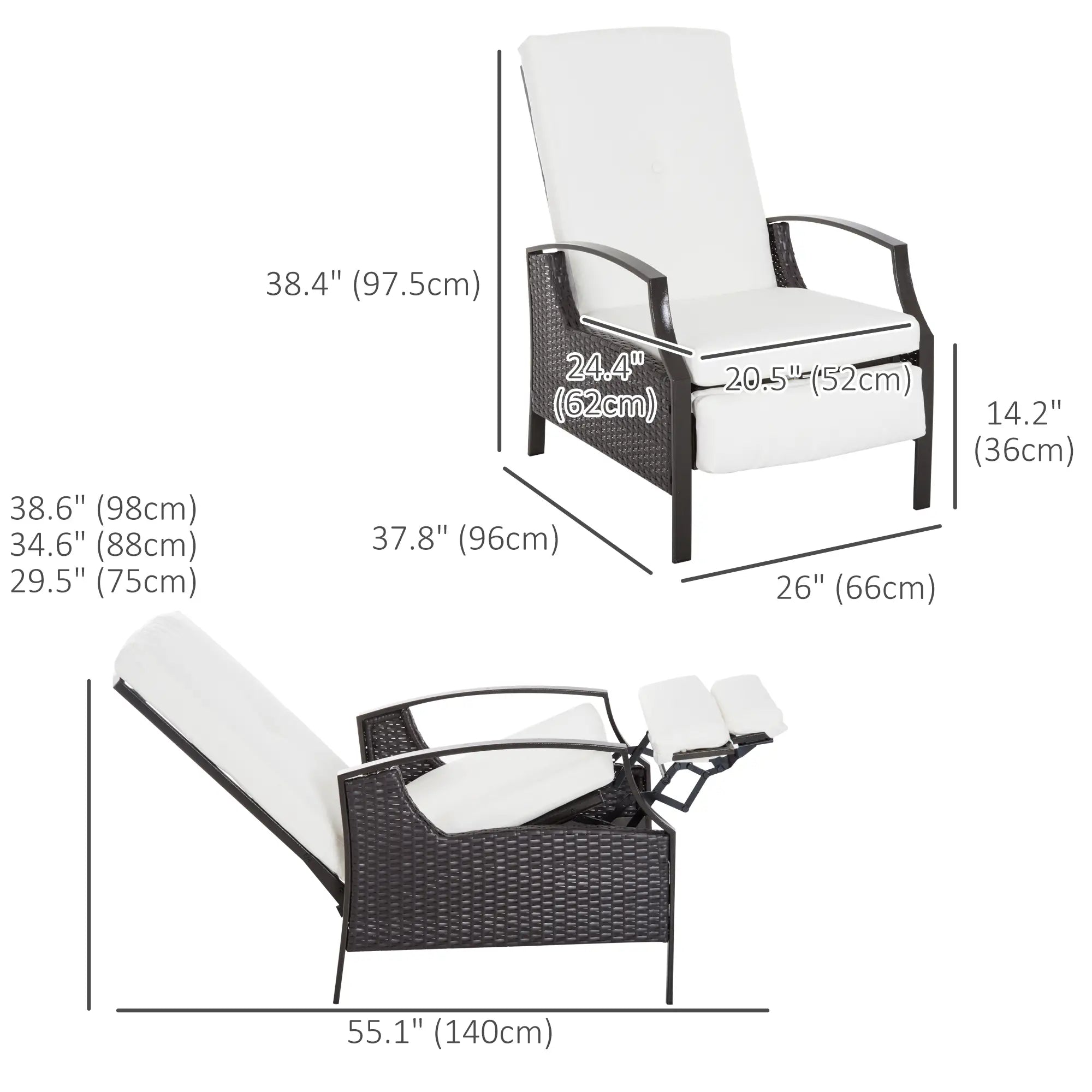 Outdoor Rattan Recliner Chair, Adjustable Back, Retractable Footrest, White Patio Chairs at Gallery Canada