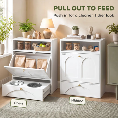 Dog Feeding Station, Food Storage Cabinet, 2 Elevated Bowls, White, White Dog Bowls at Gallery Canada