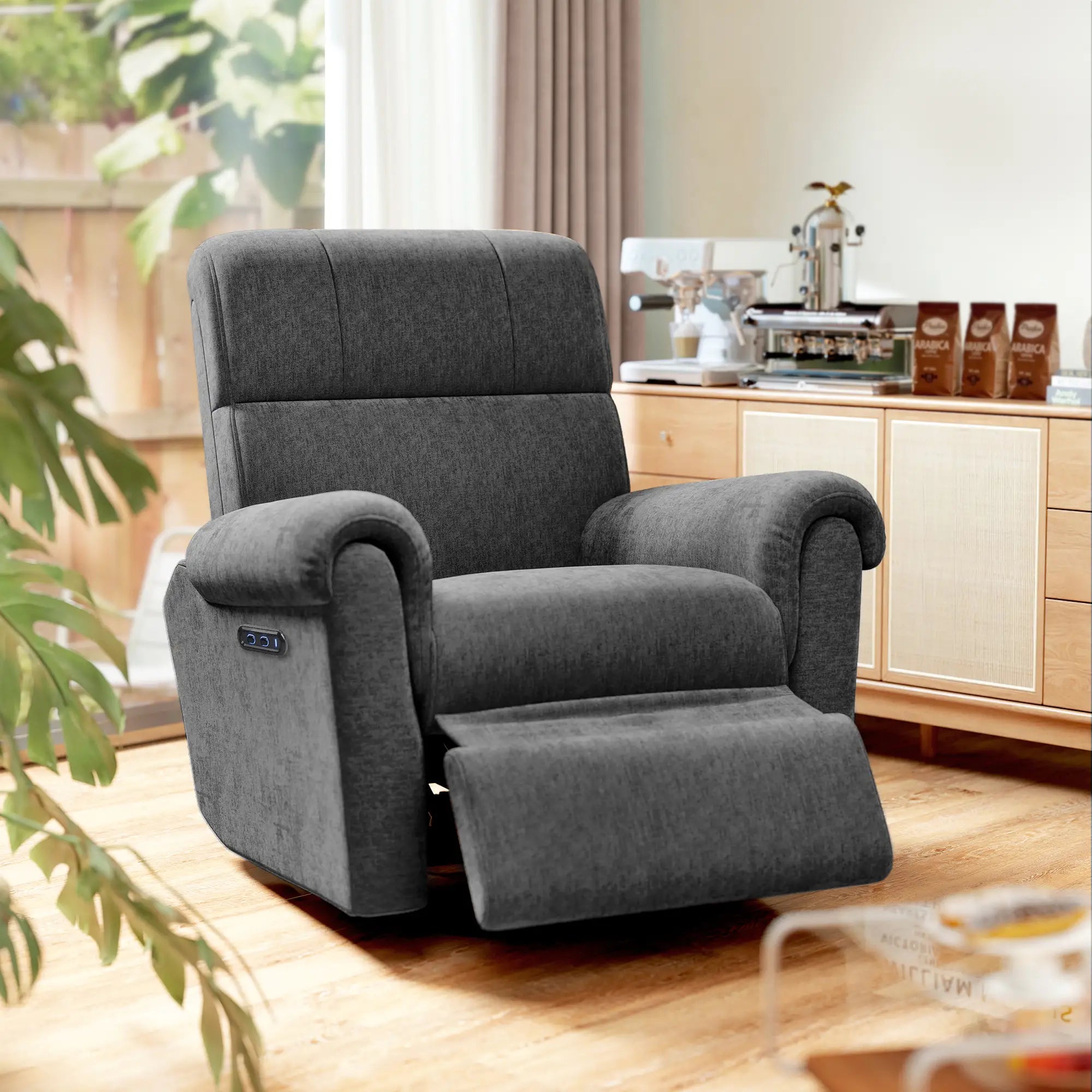 Fabric Recliner Chair, USB Ports, Swivel Rocking Footrest, Dark Grey Single Sofas at Gallery Canada
