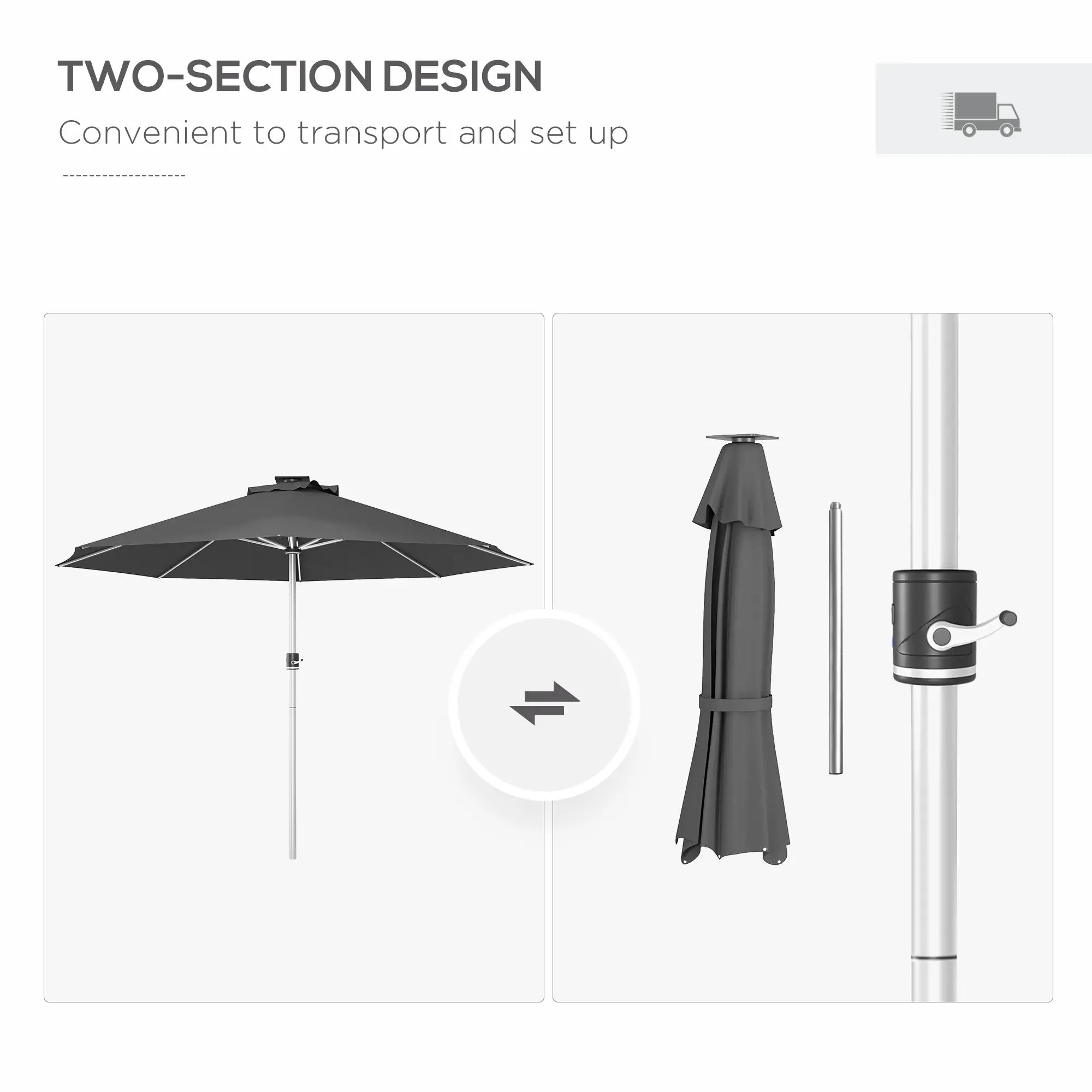 LED Patio Umbrella, Solar USB Charging, 4 Lighting Modes, Charcoal Grey Sun Umbrellas at Gallery Canada