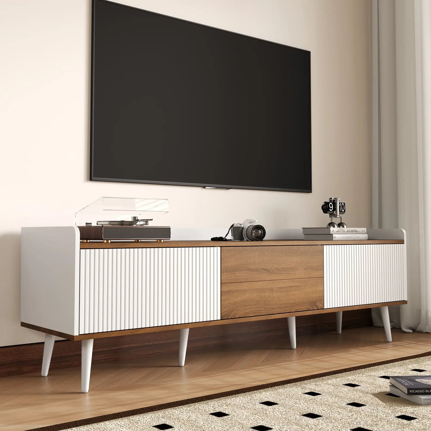 Three Door Stand, Sturdy Wooden Legs, 63" L x 15.5" W x 19.5" H, Natural, White TV Stands at Gallery Canada