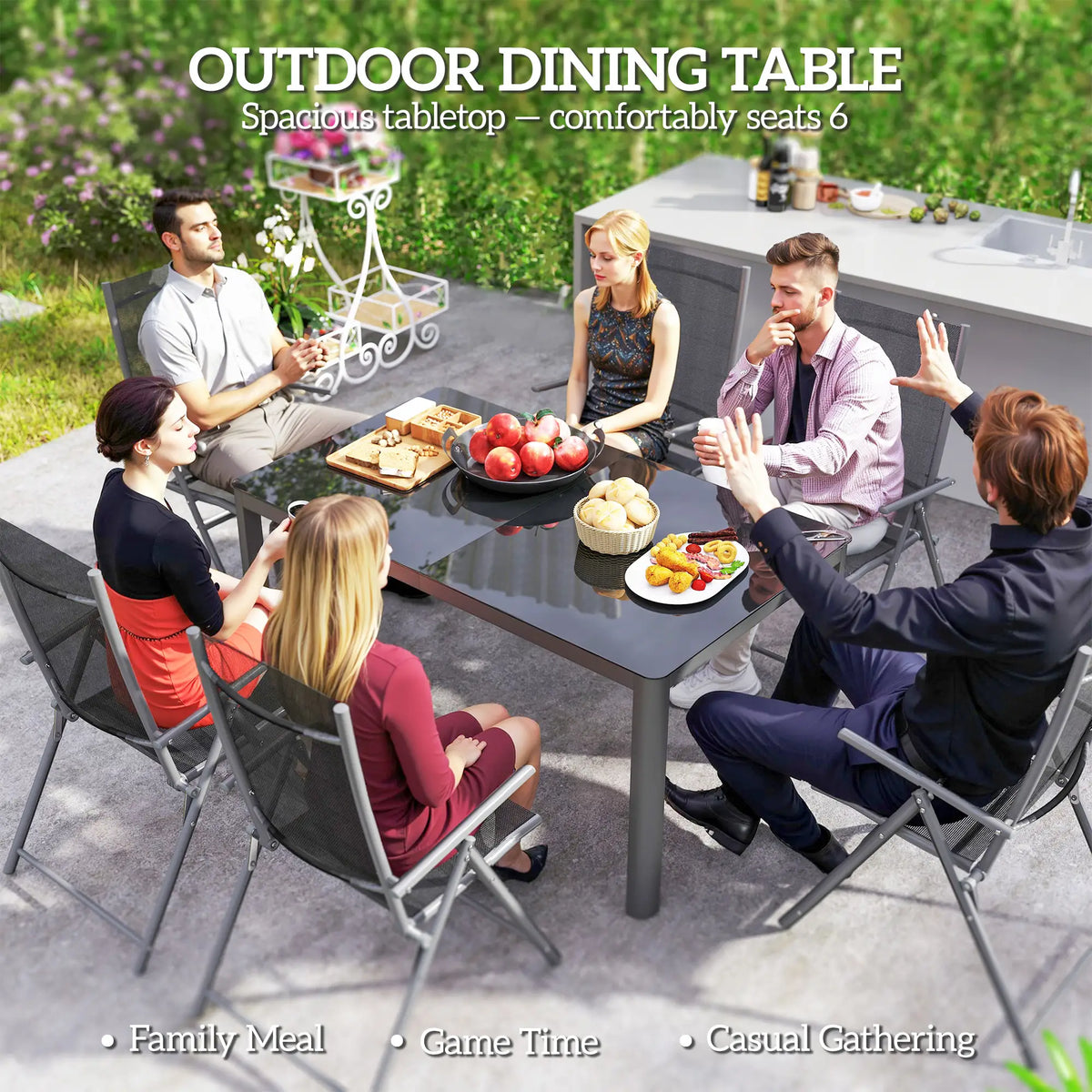 59" x 35" Aluminum Outdoor Dining Table, Glass Top, Seats 6, Grey Patio Dinning Tables at Gallery Canada