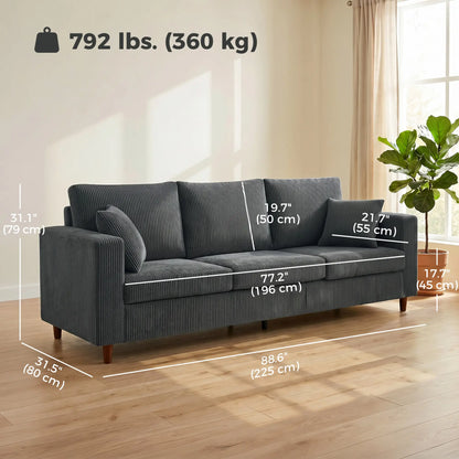 Canapé en velours côtelé 3 places, assise profonde, gris foncé