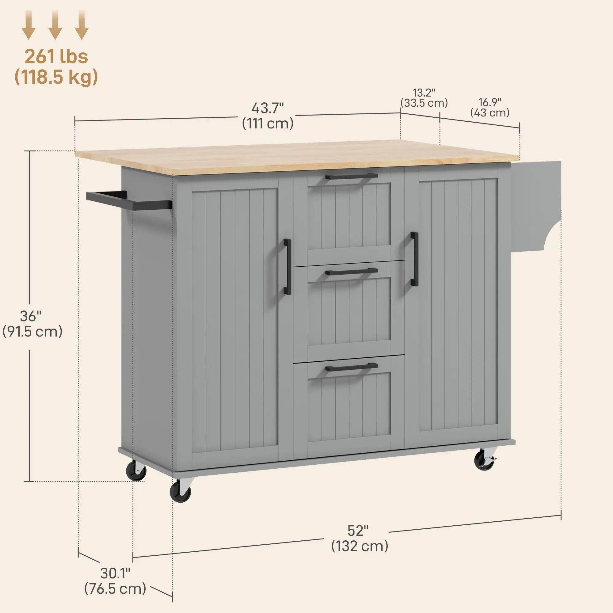 Rolling Kitchen Cart with Drop Leaf, 3 Drawers, Solid Wood Top, Towel Rack, Grey Kitchen Islands & Kitchen Carts at Gallery Canada