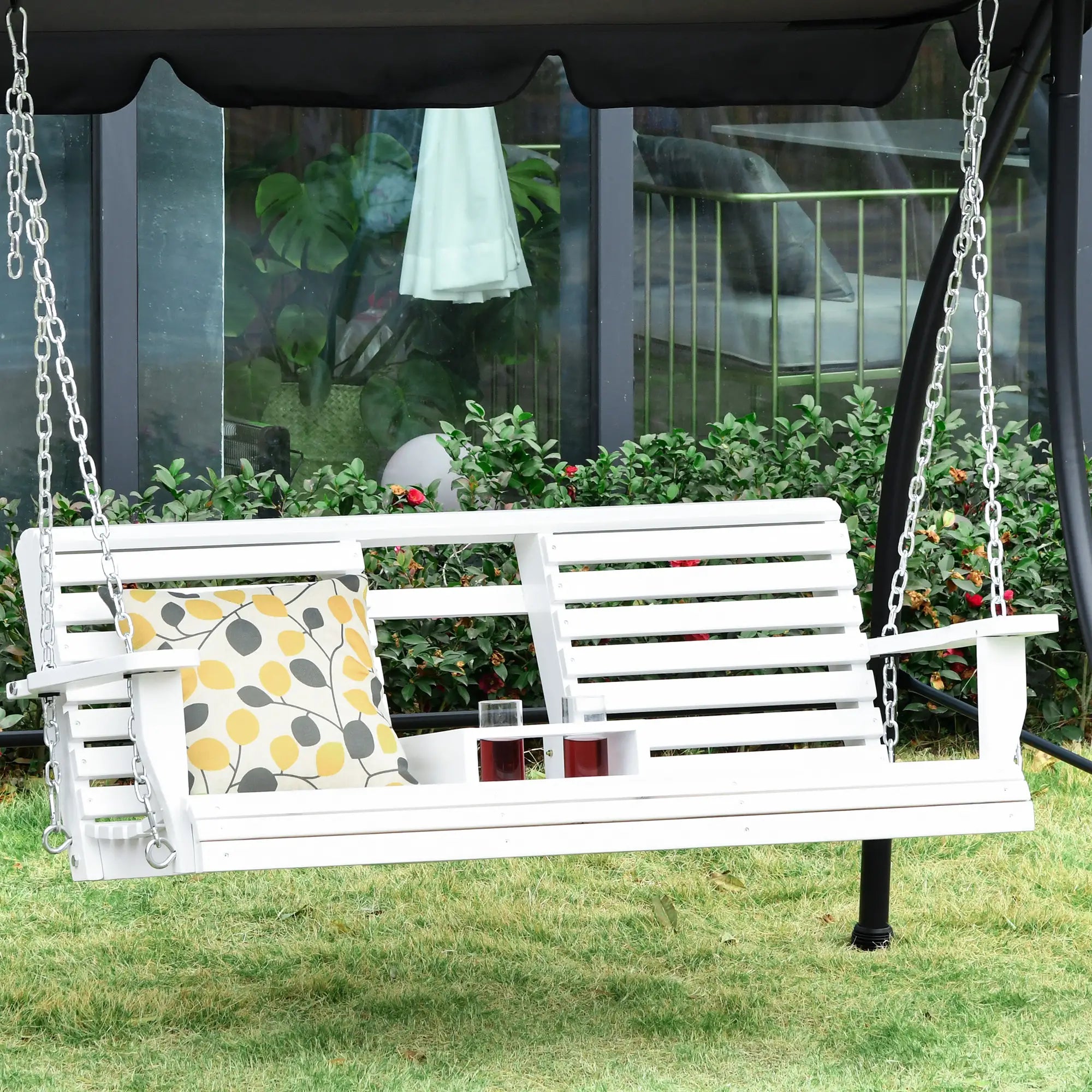 3 Seater Porch Swing Wood Bench With Foldable Table, White Hanging Porch Swings at Gallery Canada