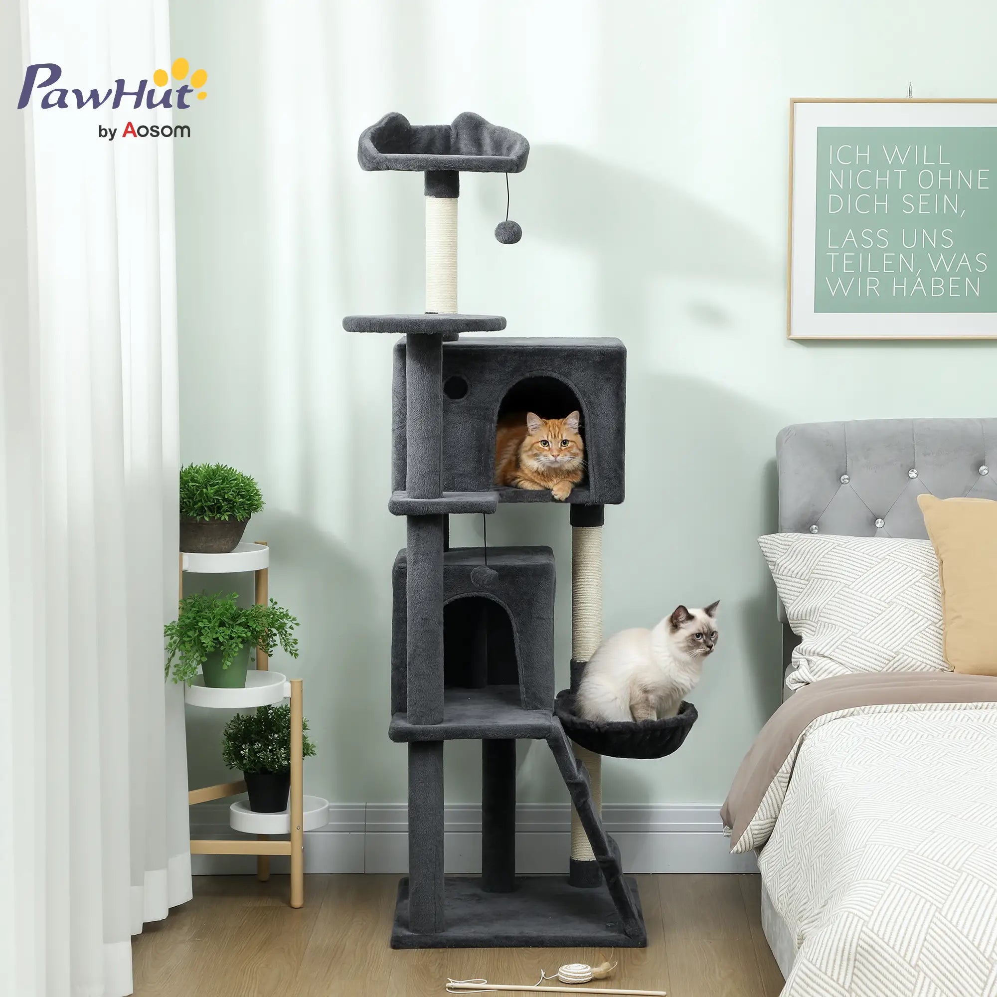 63 Inch Cat Tree, Sisal Scratching Posts, Condos, Plush Perches, Hammock, Ladder, Dangling Balls, Dark Grey Cat Towers at Gallery Canada