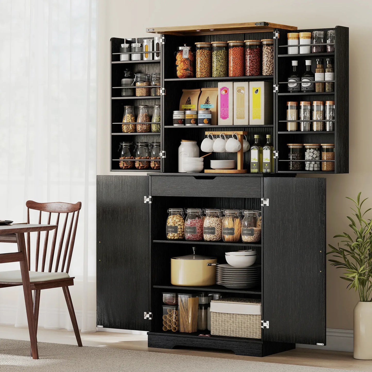 72 Inch Kitchen Pantry Cabinet, 4 Doors, Drawer, Shelves, Black Kitchen Pantry Cabinets at Gallery Canada
