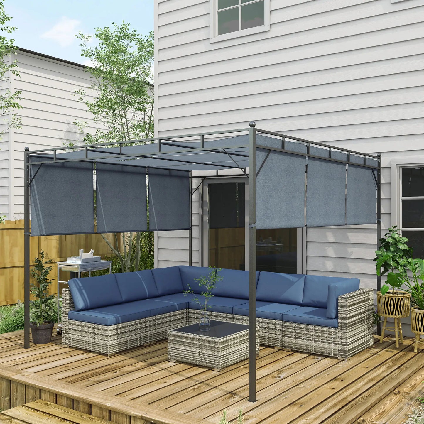 7pc Wicker Sectional Set, Tea Table, Rattan Sofa, Outdoor Furniture, Blue Patio Furniture Sets at Gallery Canada