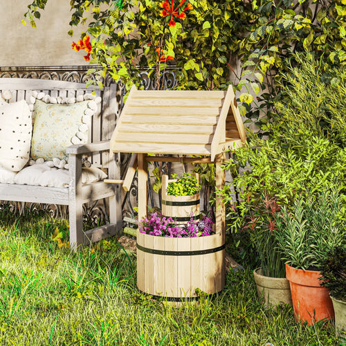 Wood Wishing Well Planter With Hanging Bucket, Natural