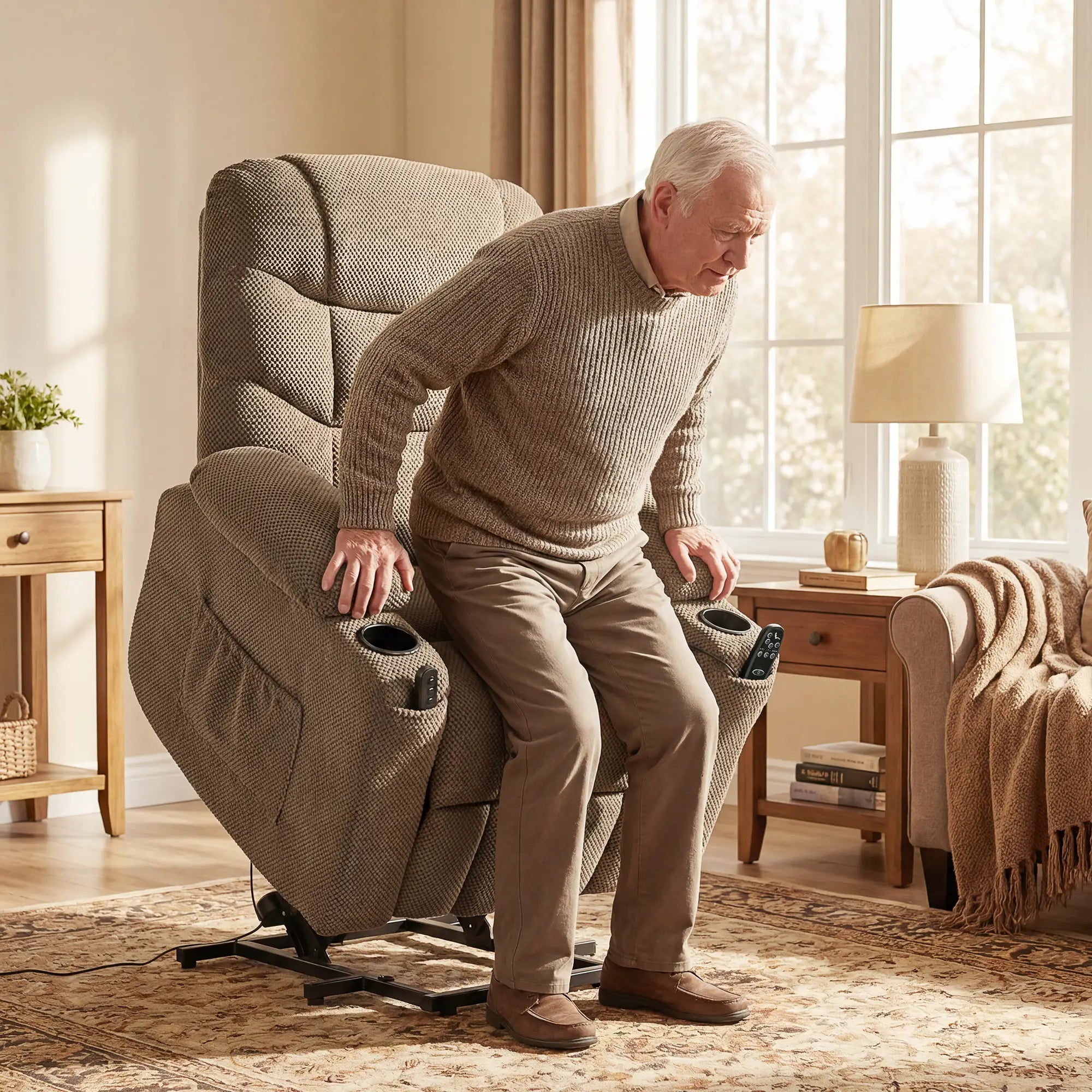 Electric Lift Recliner Chair, Massage, Side Pockets, Cup Holders, Remote, Brown Electric Power Lift Chairs at Gallery Canada