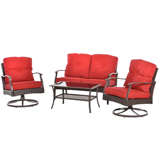 4 PCS PE Rattan Wicker Sofa Set, Outdoor Conversation Furniture, Two Tier Tea Table, Cushions, Red Patio Furniture Sets Brown Wicker, Red Fabric at Gallery Canada