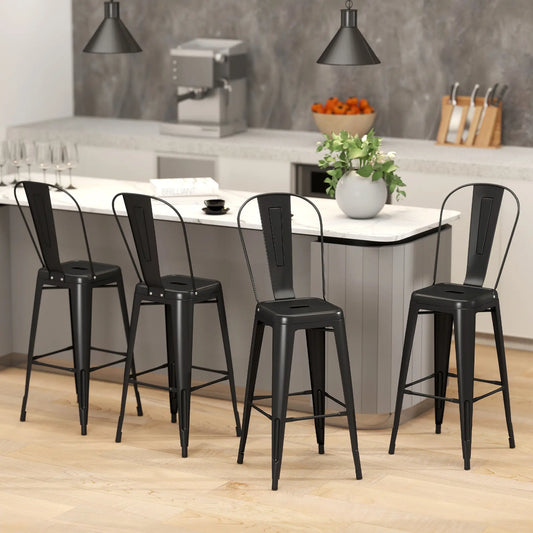 24 Inch Bar Stools, Set of 4, Industrial Kitchen, Black Metal Frame, Black
