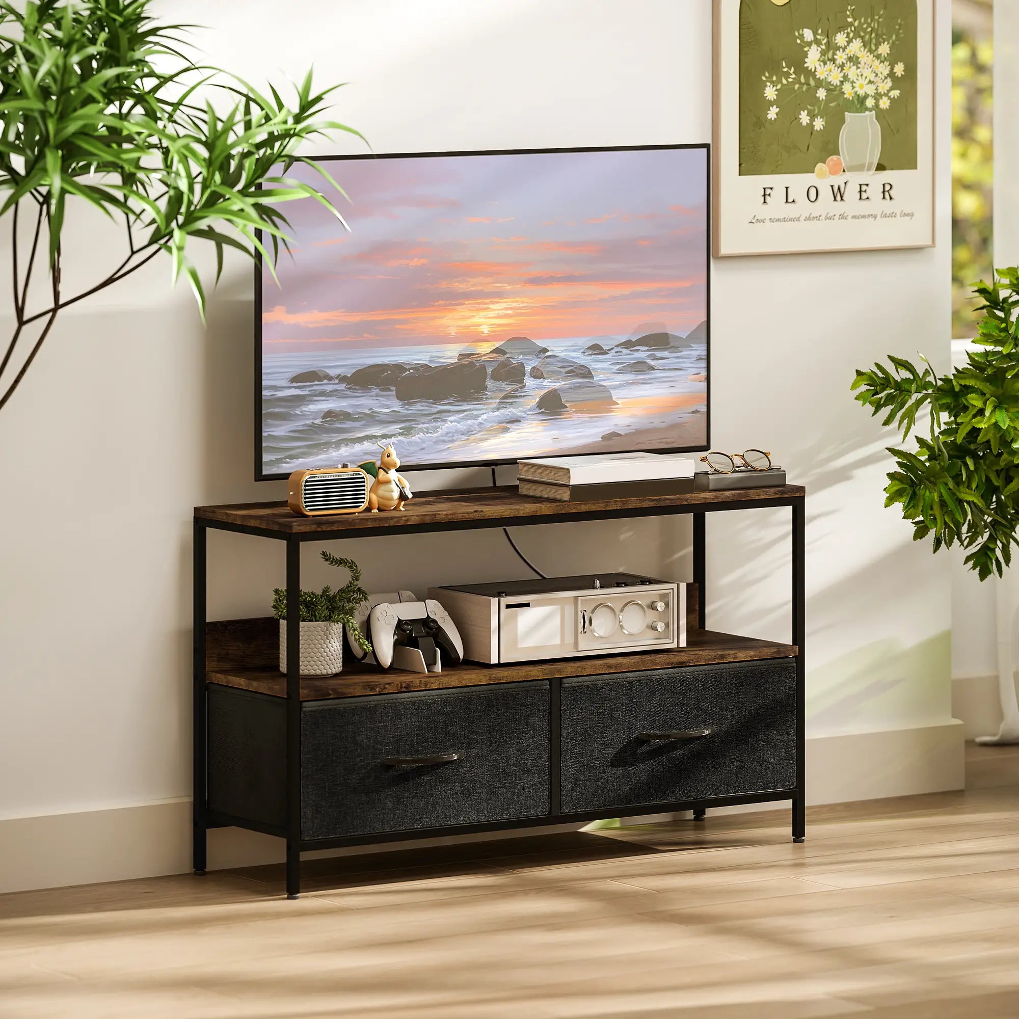 TV Stand With Charging Station, 2 Foldable Linen Drawers, Open Shelf, 47 Inch, Rustic Brown, Brown TV Stands at Gallery Canada