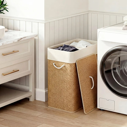 Double Laundry Basket with Lid, 100L Bamboo Hamper, Removable Bags, Brown Clothing Storage at Gallery Canada
