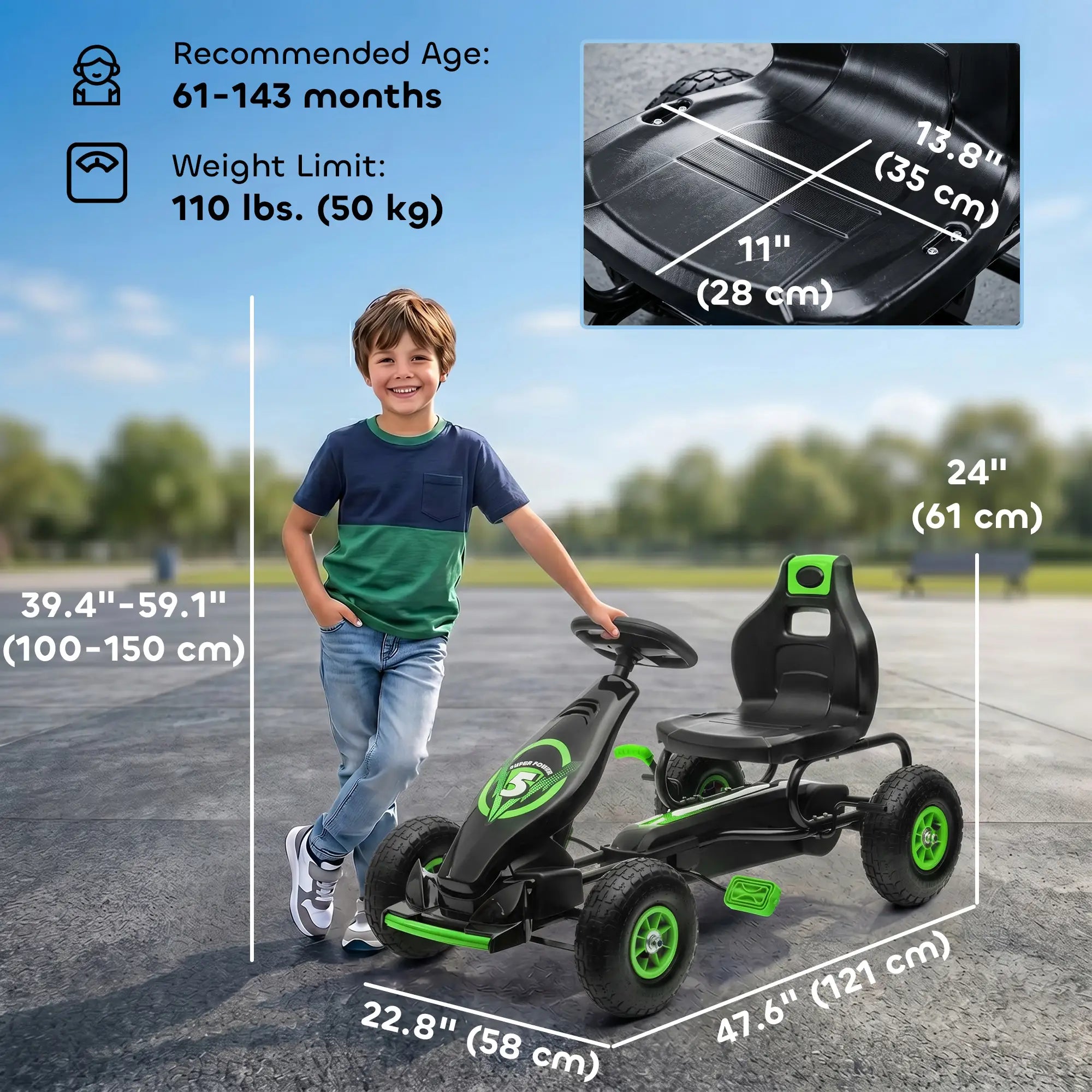 Adjustable Seat Pedal Go Kart, Rubber Wheels Shock Absorb, Green Pedal Go Karts for Kids at Gallery Canada