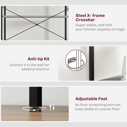 Kitchen Baker's Rack with Power Outlet, Coffee Bar Station with Adjustable Shelves and Hooks, Distressed Grey Bar Cabinets at Gallery Canada
