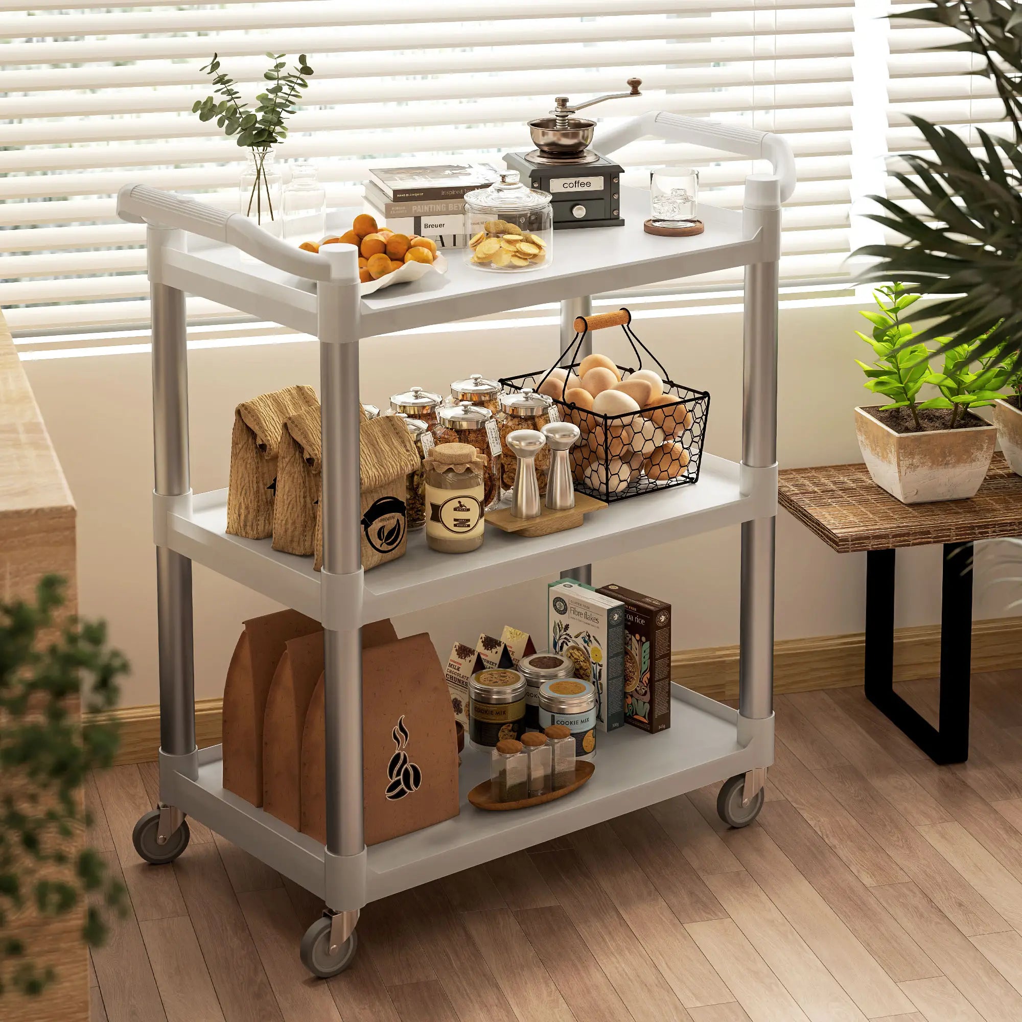 3-Tier Utility Cart, Rolling Storage Trolley, 3 Shelves, Silver White Kitchen Islands & Kitchen Carts at Gallery Canada