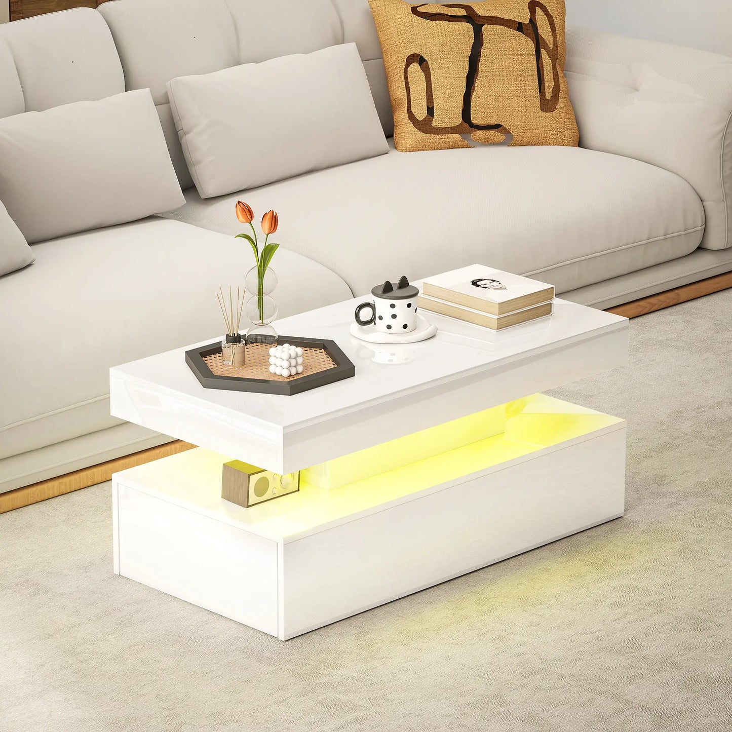 LED Coffee Table, 2 Drawers, Open Shelf, High Gloss White, White Coffee Tables at Gallery Canada