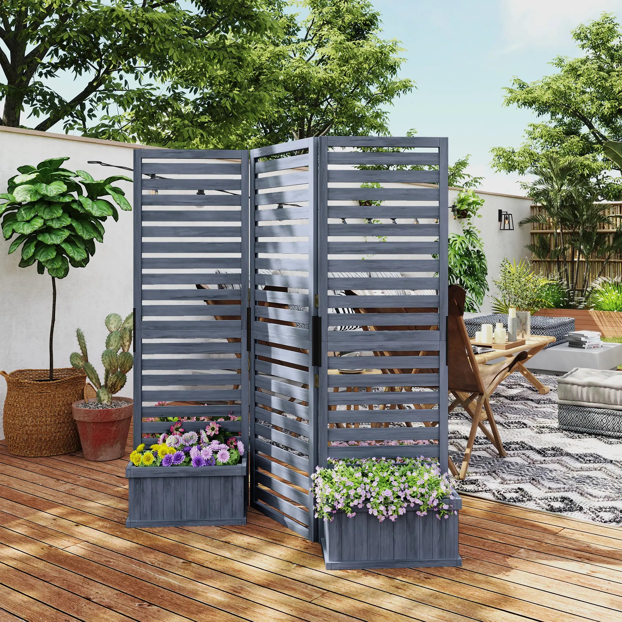 Outdoor Privacy Screen, Wood Panel with 4 Planter Boxes, Raised Bed, 3 Panels, Drainage Holes Side Awnings at Gallery Canada