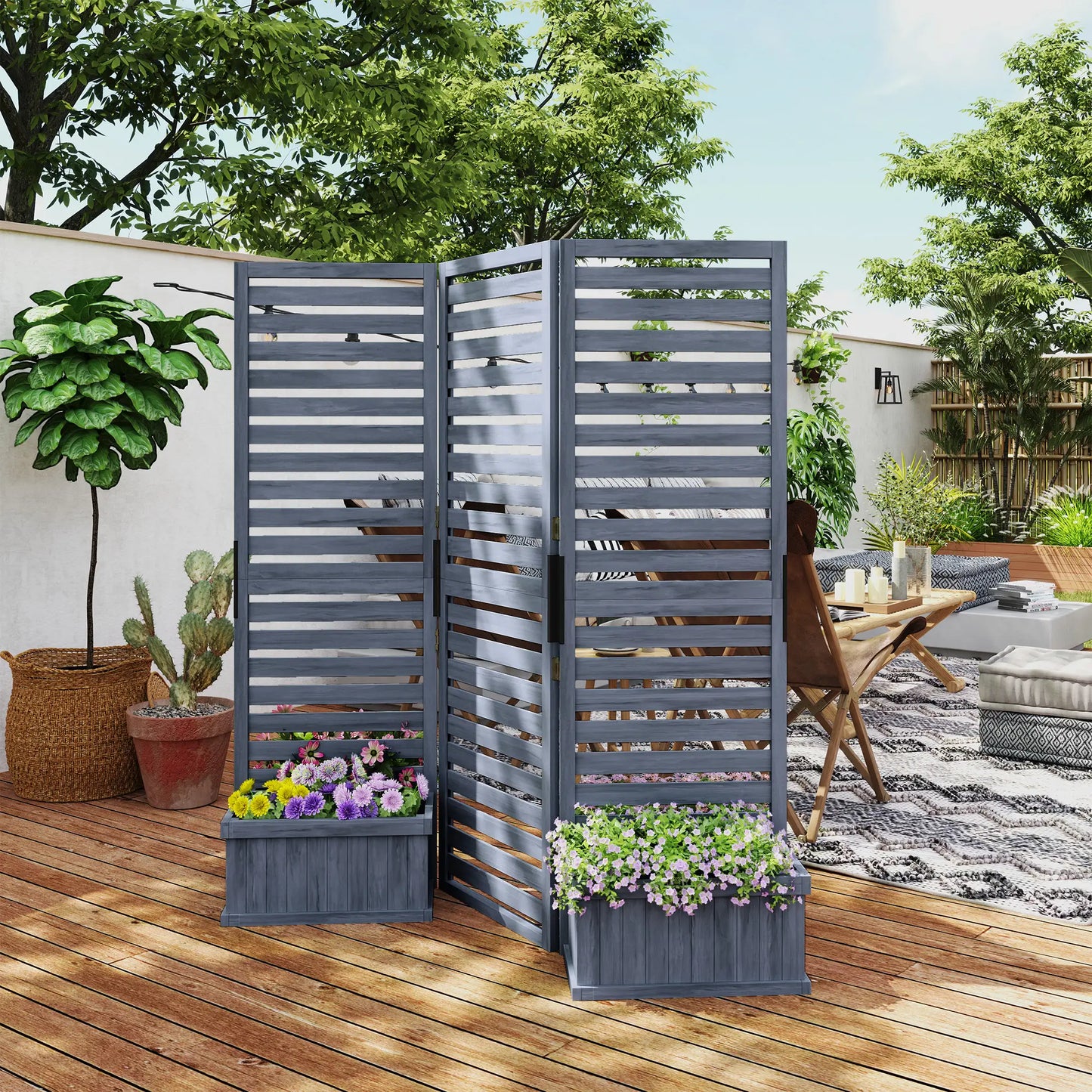 Outdoor Privacy Screen, Wood Panel with 4 Planter Boxes, Raised Bed, 3 Panels, Drainage Holes Side Awnings at Gallery Canada