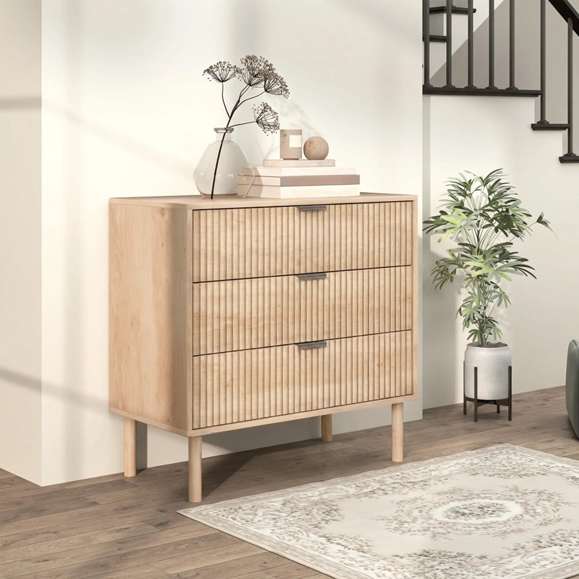 3 Drawer Dresser, Fluted Panels, Solid Wood Legs, Oak Storage Cabinets at Gallery Canada