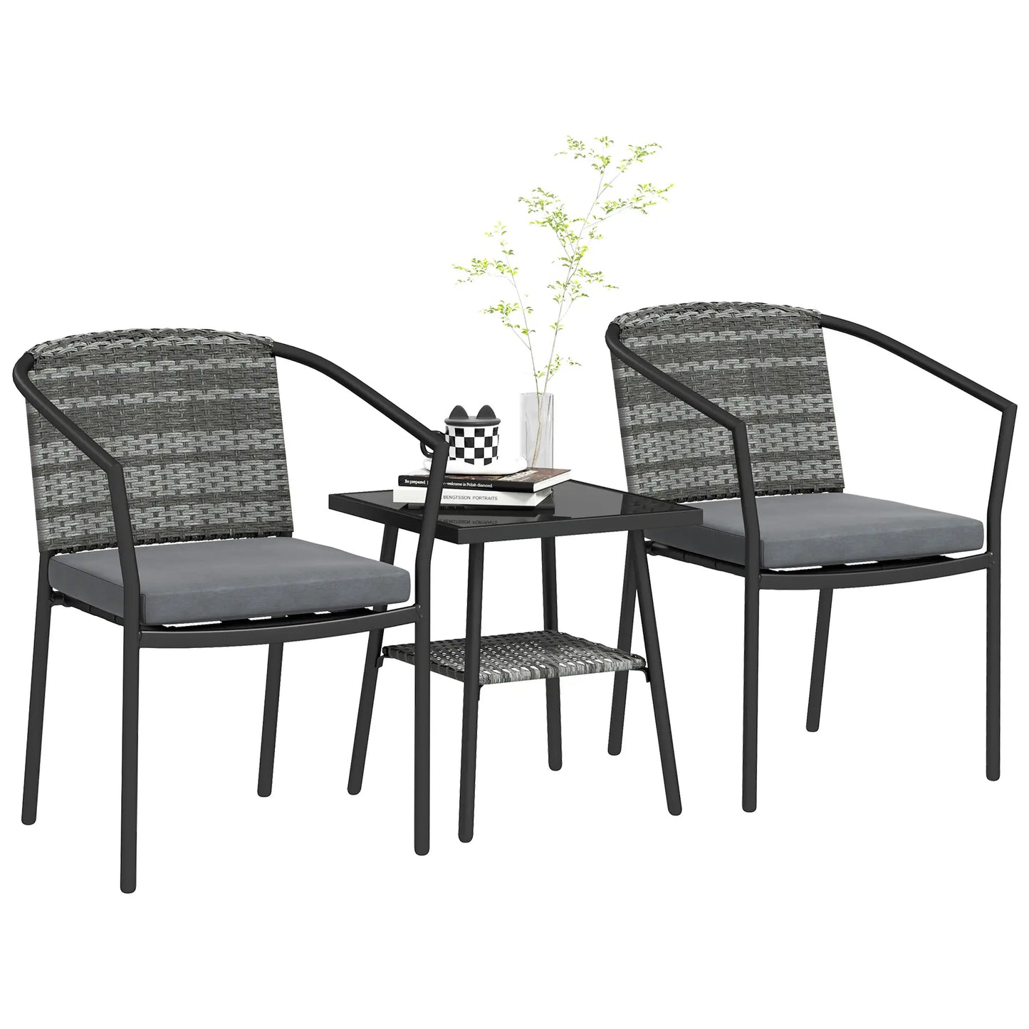 3 Piece Wicker Patio Set, 2-Tier Glass Table, Dark Grey Bistro Sets at Gallery Canada